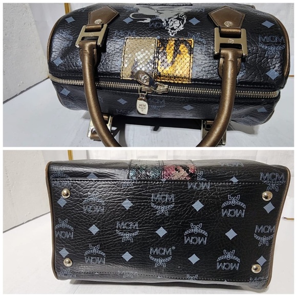 Authentic MCM Visetos Lion Princess Boston Handbag Black/Grey/Gold - Picture 7 of 14